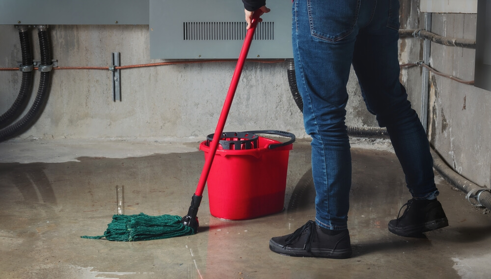  Name red bucket and mop cleaning up a flooded basement after a heavy rain