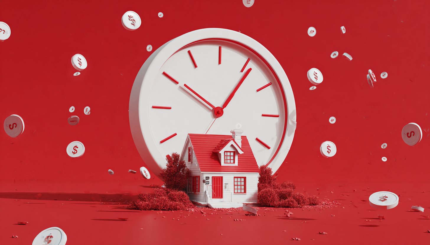 A digital rendering of a read house in front of a clock, signifying that the time is right to buy a home