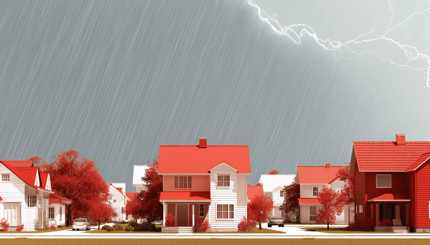 houses in a residential area with thunderstorm in background