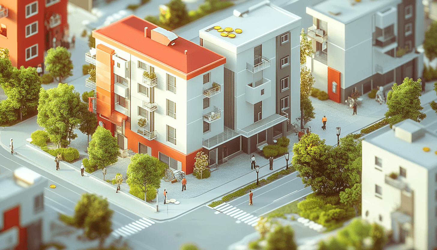 3D graphic of condo buildings in a neighbourhood