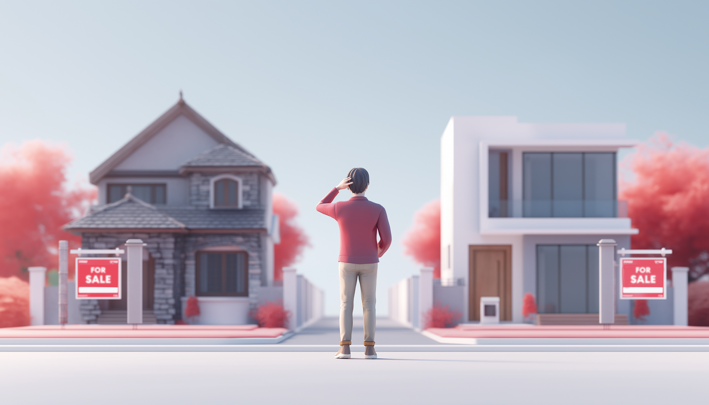 An AI rendering of a man standing between an older home and a new build, scratching his head
