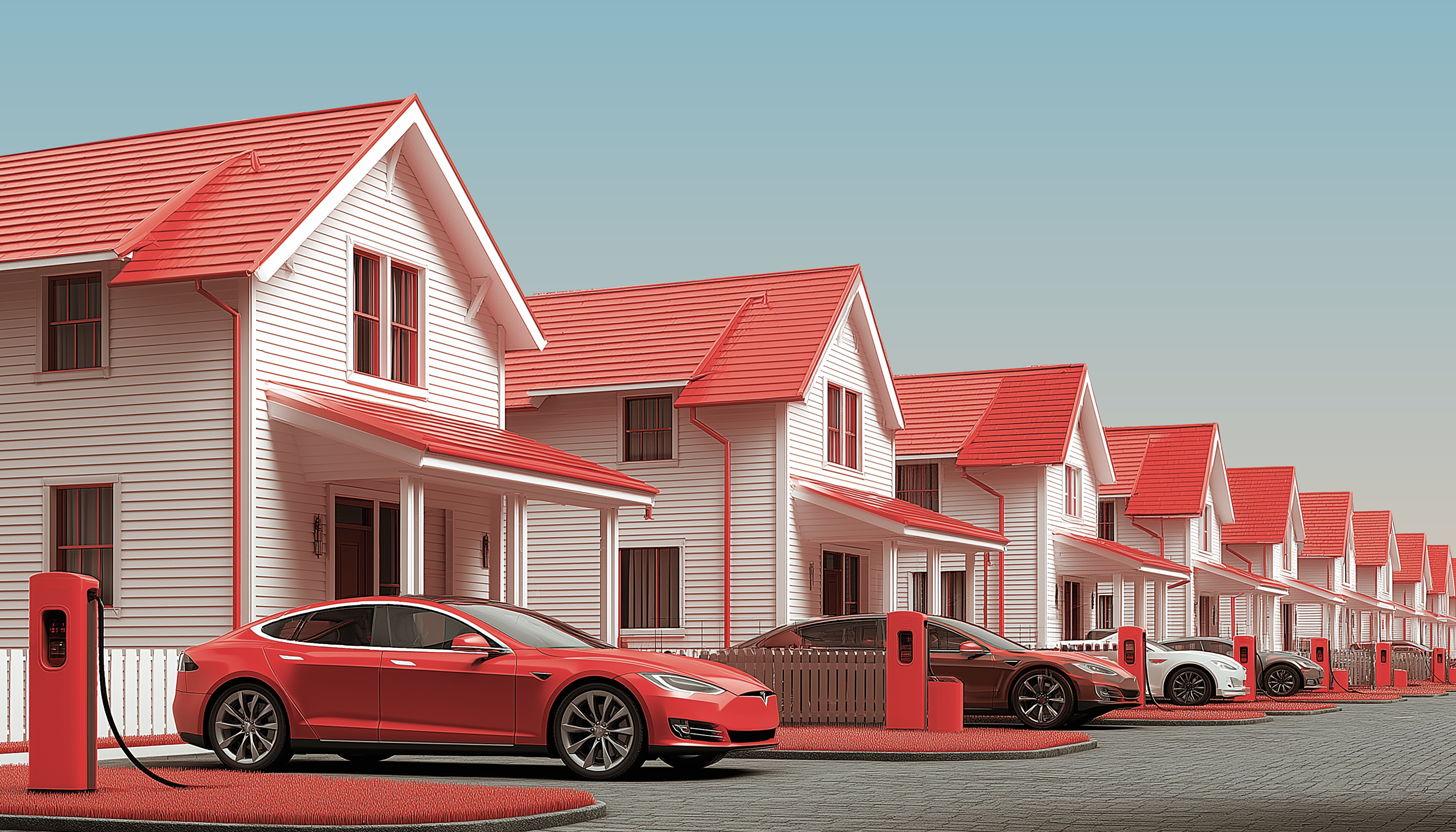 Sequence of residential homes with electric cars in driveway