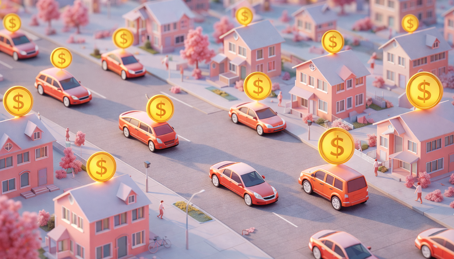 homes and cars with dollar signs