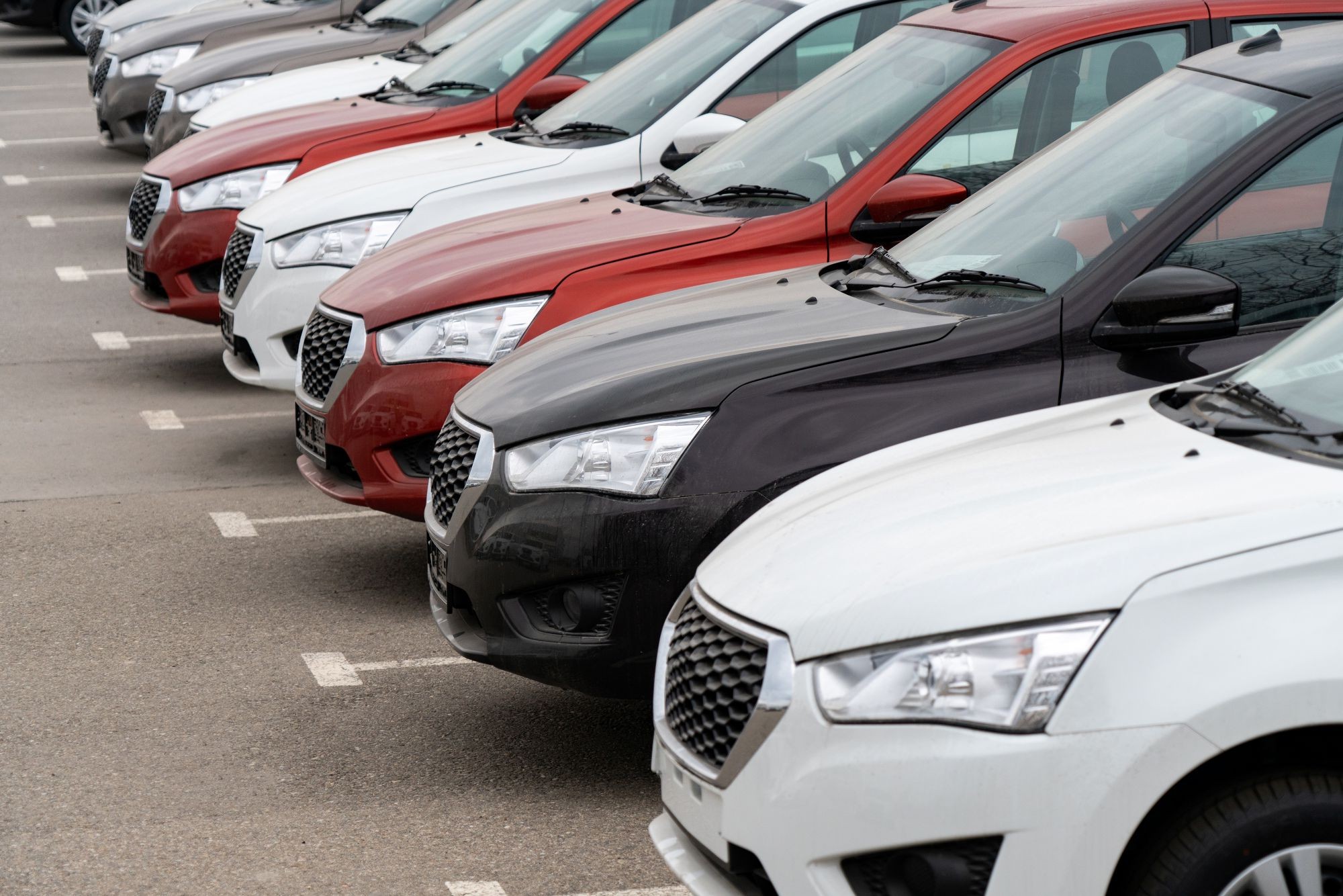 A row of new parked cars in stock