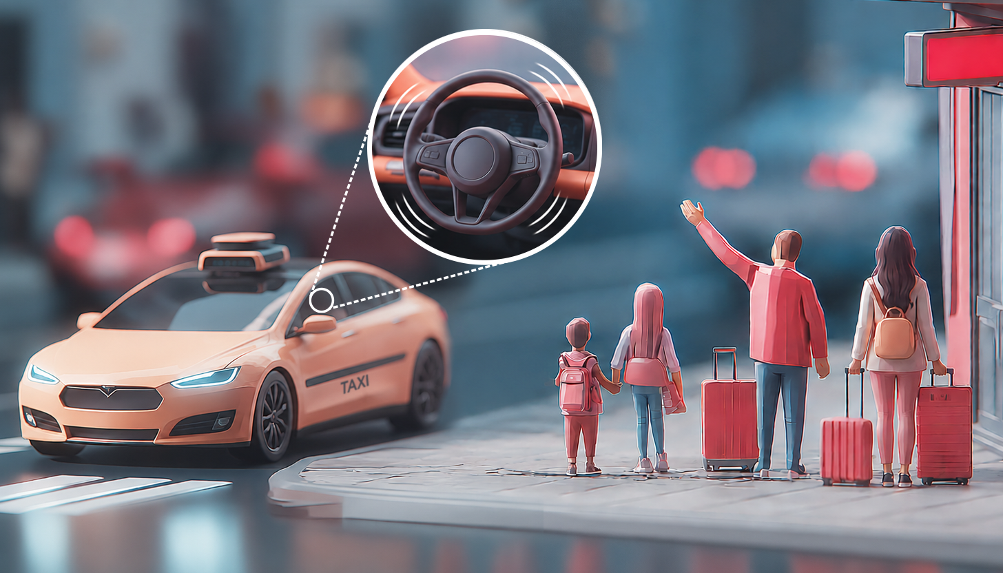 A 3D-rendered illustration of an autonomous orange taxi with rooftop sensors stopped at a city curb. A family of four with red luggage hails the vehicle. A circular inset zooms in on the car's steering wheel.