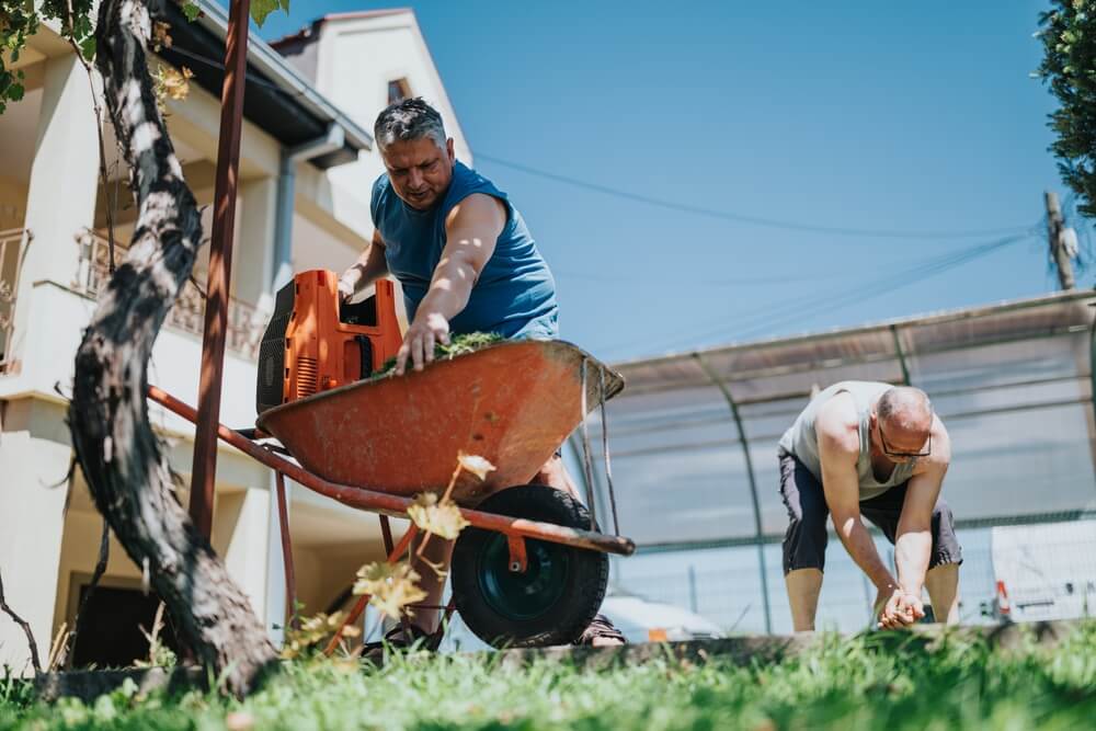 Two men work in a sunny backyard, one guiding a red wheelbarrow while the other digs and gathers soil. 