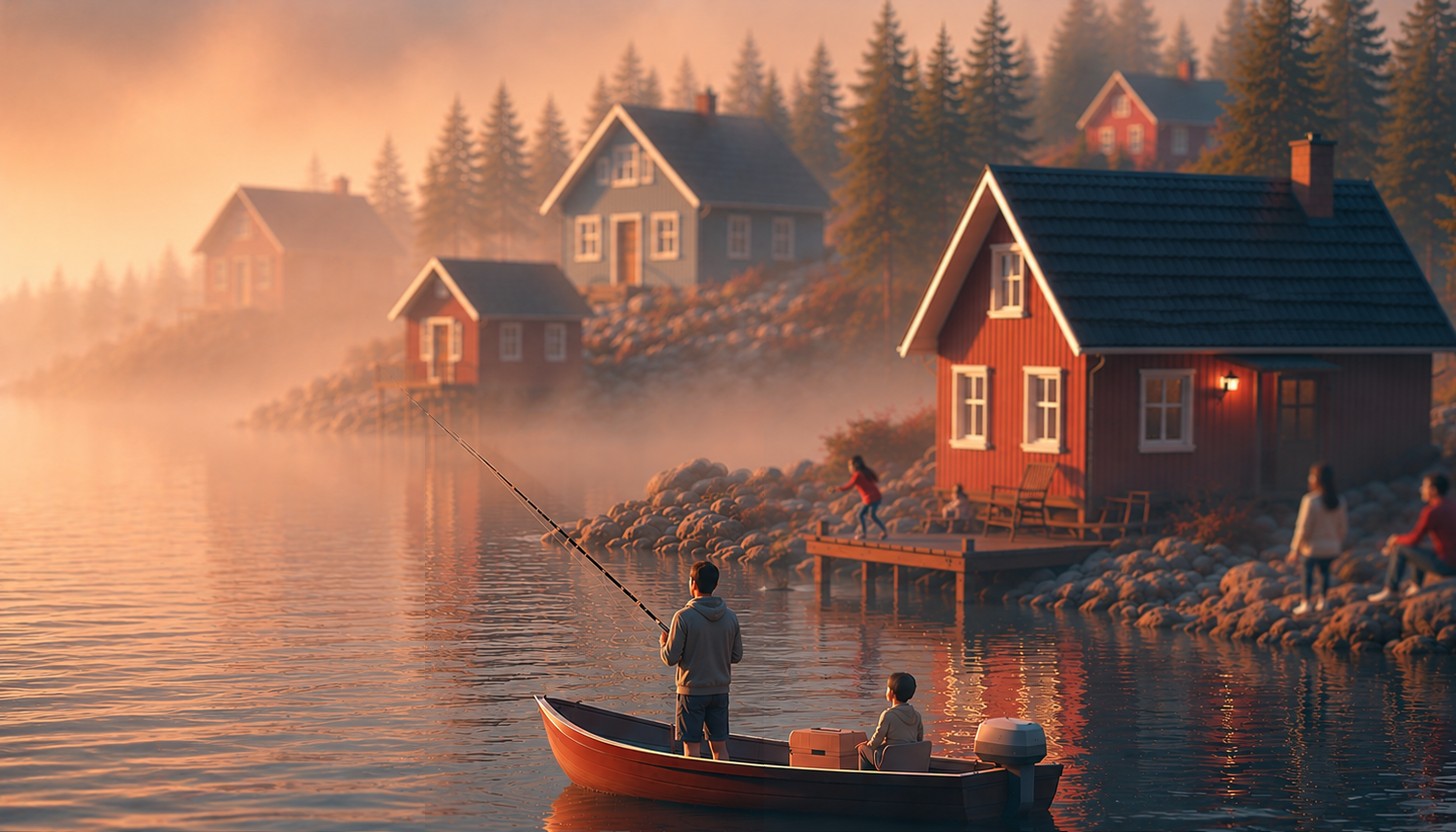 Cottage landscape overlooking lake man child fishing off dock