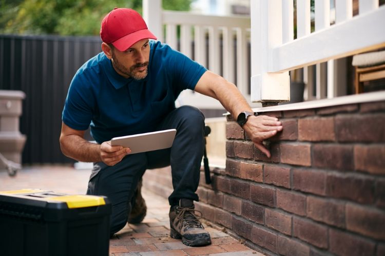 RepairmanWithTabletExaminingHomeExternalPorchWall