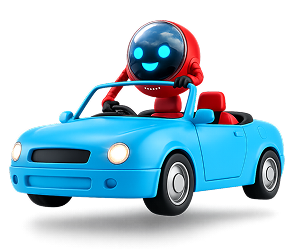 Red robot character driving a small blue convertible car.