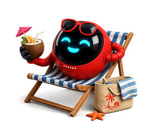 Red robot relaxing on a beach chair, holding a coconut drink.