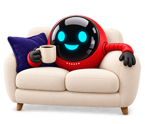 Robot relaxing on a couch, holding a coffee cup.