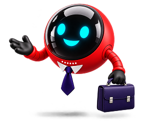 Red robot with a briefcase and tie, smiling.