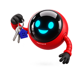 Red robot holding keys, smiling.