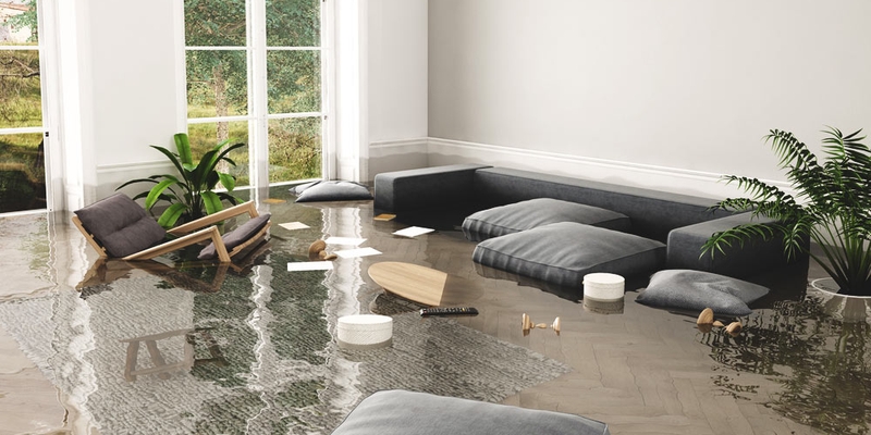 Pieces of furniture are adrift in a flooded living room
