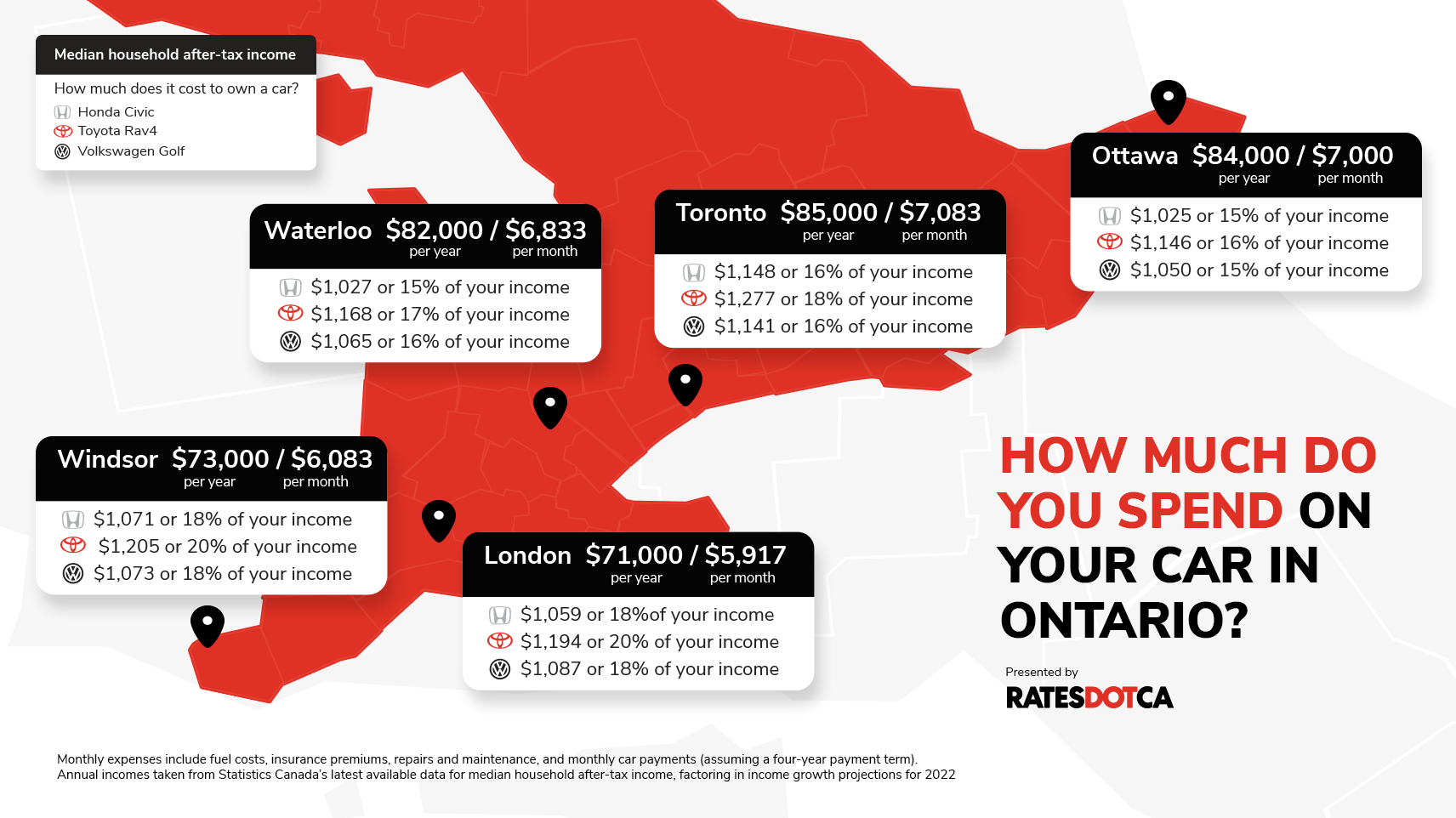 A map of Ontario showing the percentage of income is taken up by the cost of car ownership