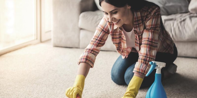 A woman scrubbing her carpet