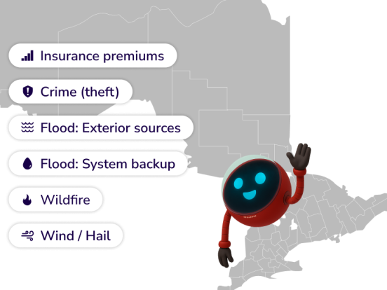 Robot waving, over map and list of risks in purple text.