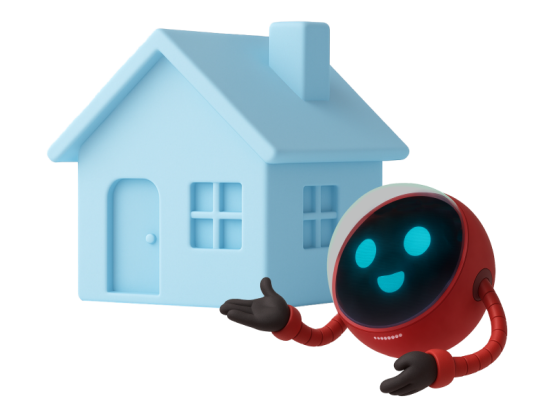 Red robot gesturing towards a blue house model.