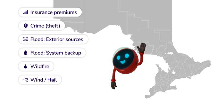 Robot waving in front of a gray map with icons on the left side.