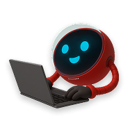 Cheerful red robot typing on a laptop.