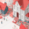 An AI rendering of two homes of different sizes and a three generations of a family standing outside
