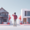 An AI rendering of a man standing between an older home and a new build, scratching his head