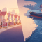 Oil tanker in strait of Hormuz with explosions on right homes for sale on left