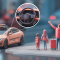 A 3D-rendered illustration of an autonomous orange taxi with rooftop sensors stopped at a city curb. A family of four with red luggage hails the vehicle. A circular inset zooms in on the car's steering wheel.
