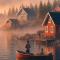 Cottage landscape overlooking lake man child fishing off dock