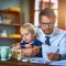 Man with kid, paperwork looking anxious in family home as a single parent